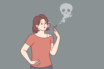 Smoking woman with cigarette in hand stands near skull made smoke, symbolizing death from nicotine. Smoking girl uses tobacco and is at risk of getting cancer due to addiction and harmful lifestyle
