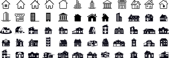 Building and architecture icons collection. House and building icon set. Flat style houses symbols for apps and websites on whitr background. Vector illustration