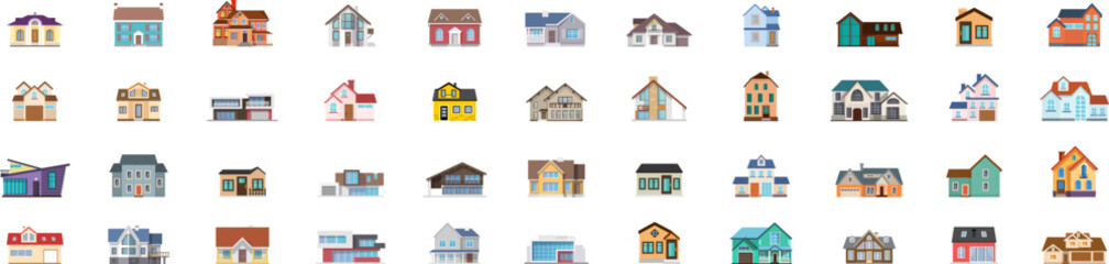 Set of different styles residential houses. City architecture retro and modern buildings. Vector illustration