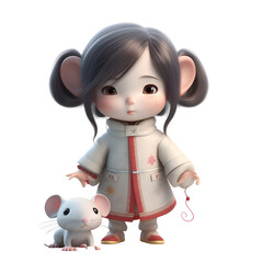 Obraz na płótnie Canvas Little Chinese girl and mouse. 3D rendering. White background.