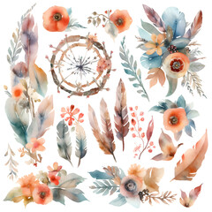 Watercolor vector set with wild flowers. leaves and feathers. Hand painted illustration.
