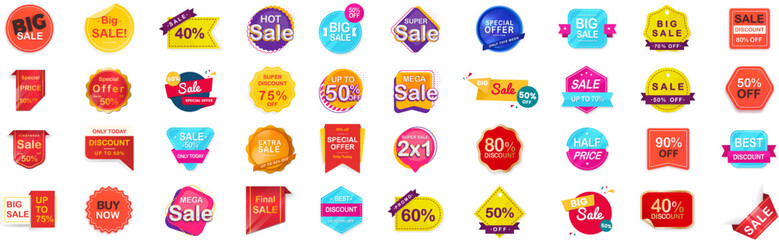 Set of Sale badges. Sale quality tags and labels. Template banner shopping badges. Special offer, big sale, discount, best price, mega sale banner set