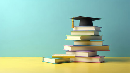 Graduation Cap with books and staircase on blue background, Education concept. - obrazy, fototapety, plakaty