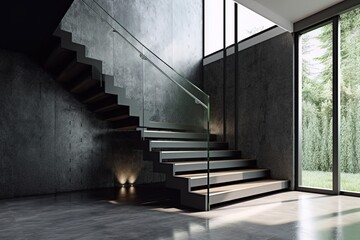 Stairs to the second floor against the backdrop of gray empty walls and large windows. Minimalism. Generative AI