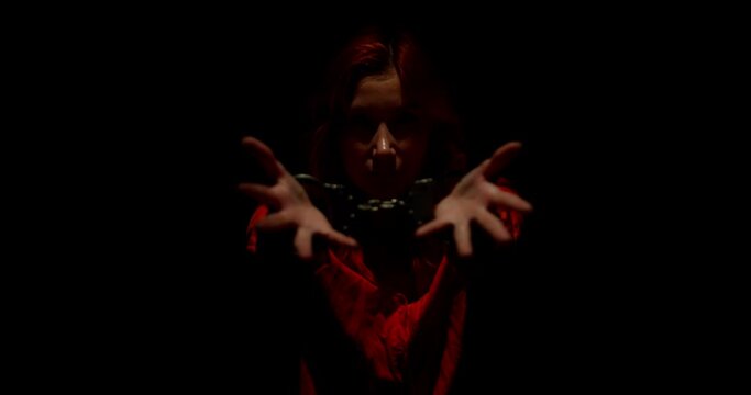 Captive Elegance Woman. A Glimpse into the Despondency, Hopelessness, and Enigmatic Innocence of a Shackled Woman in Corporate Attire.