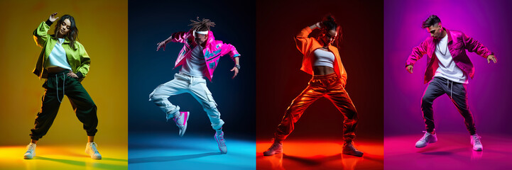 Set of artistic young people, men and women contemporary dance styles, hip hop against different coloured background in neon light. Concept of art, hobby, fashion, youth, motion. Collage, Ad. - obrazy, fototapety, plakaty