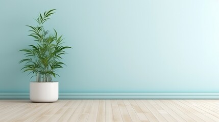 Empty room interior design, turquoise decorated molded panel, wooden white floor and potted plant,...