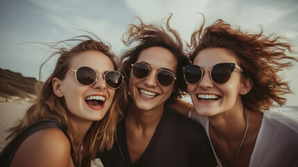 Friends taking selfies while hanging out at the beach in summer.