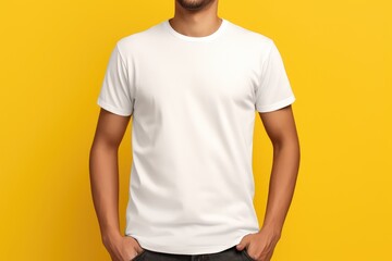 Young man wearing bella canvas white shirt mockup at yellow background - obrazy, fototapety, plakaty