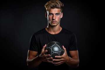 Young male handball player man posing with a ball