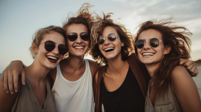 Group of best friends are happiness together on the beach at the seaside.