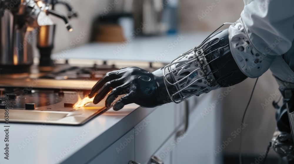 Aufkleber person with disability with bionic prosthetic arm adjust temperature on gas hob control panel.