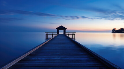 Wooden bridge over the sea on blue hour.