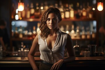 Young woman standing in front of bar blurred alcohol