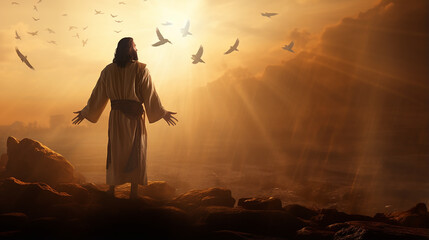 Silhueta Jesus libera uma pomba, grande neblina, raios de luz solar dourada vindos do céu para a terra, obra-prima, maravilhosa cena divina