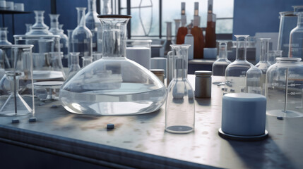Chemistry lab laboratory technical equipment with many glassware bottle for medicine research at hospital.