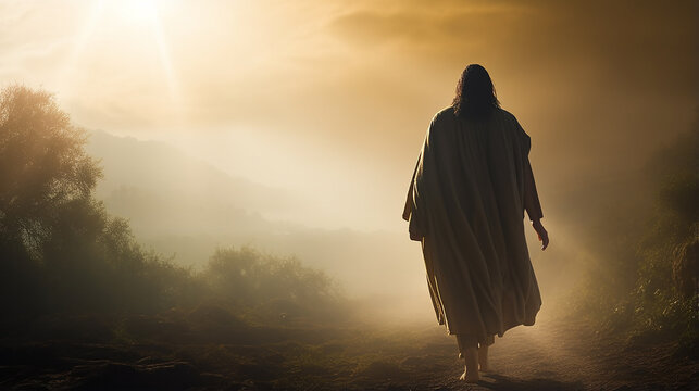 Silhueta Jesus caminhando , grande neblina, raios de luz solar dourada vindos do c&eacute;u para a terra, obra-prima, maravilhosa cena divina