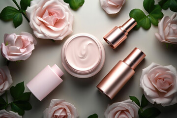 Science bio skincare cream serum product with leaves. natural organic beauty cosmetics concept, Top view.