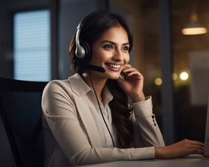 a smiling female call center helpdesk operator, generative ai