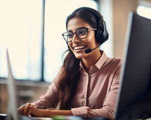 a smiling female call center helpdesk operator, generative ai