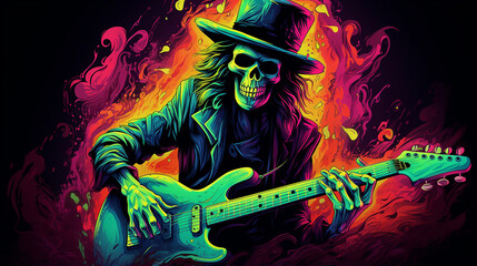 Caveira com chap&eacute;u-coco, guitarra, rock roll, tape&ccedil;aria fluorescente