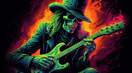 Obraz premium Caveira com chapéu-coco, guitarra, rock roll, tapeçaria fluorescente