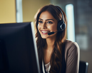 a smiling female call center helpdesk operator, generative ai - obrazy, fototapety, plakaty