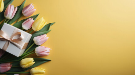 Top view of gift boxes bouquet of flowers yellow pink tulips colorful on yellow background, Happy Mothers Day idea.