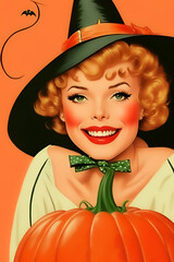 Portrait of a blonde in a pin-up style hat with a pumpkin, symbolizing Halloween