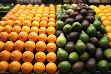 Fresh fruits at supermarket, Supermarket fruits shelf.
