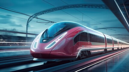 Obraz premium The high-speed train stops on the station platform and the urban landscape.