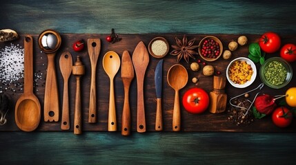 Kitchen accessories on wooden surface. Food background - obrazy, fototapety, plakaty