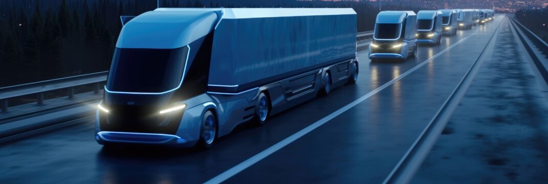 Futuristic trucks fleet on highway at modern city, Transportation innovation concepts of car.