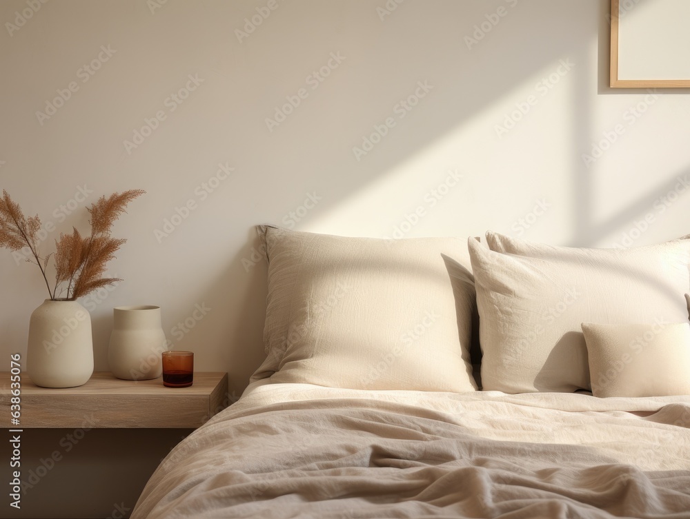 Poster a bed with two pillows and a vase on a table. generative ai.