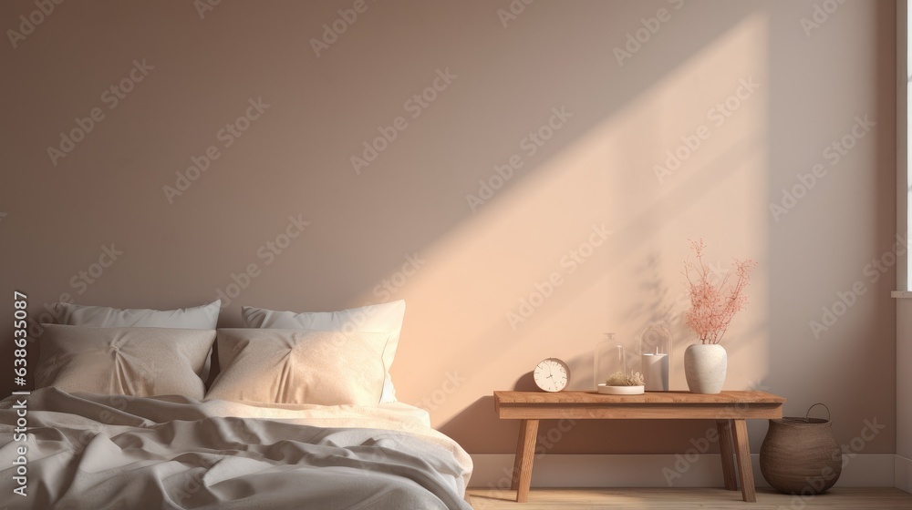 Poster a bedroom with a bed and a table with a clock on it. generative ai.