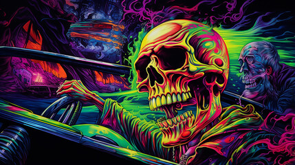 caveira andando em um carro esporte, Tape&ccedil;aria Fluorescente