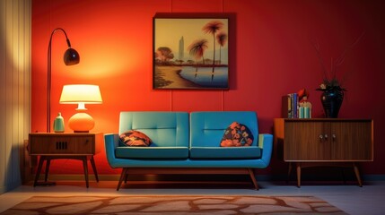 A living room with a blue couch and a painting on the wall. Generative AI.