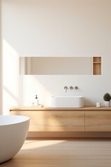 Fototapeta na wymiar A white bath tub sitting next to a white sink. Generative AI.