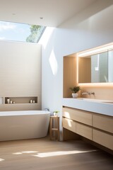 A bath room with a tub a sink and a mirror. Generative AI.