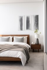 A bedroom with a bed, nightstand, and pictures on the wall. Generative AI.