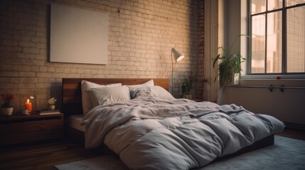 A bed in a bedroom with a brick wall. Generative AI.