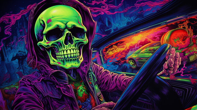 caveira andando em um carro esporte, Tape&ccedil;aria Fluorescente