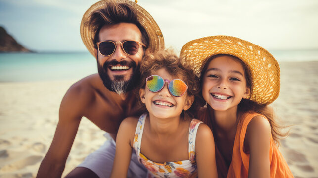 Mother and father with daughter embrace and laugh together, Summer vacation with family concept.