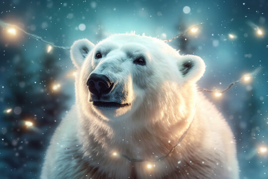 Polar bear in snowy forest. Christmas and New Year background