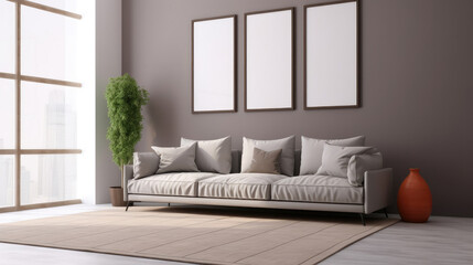 Living room interior in beige colors with white frames at fashionable house.