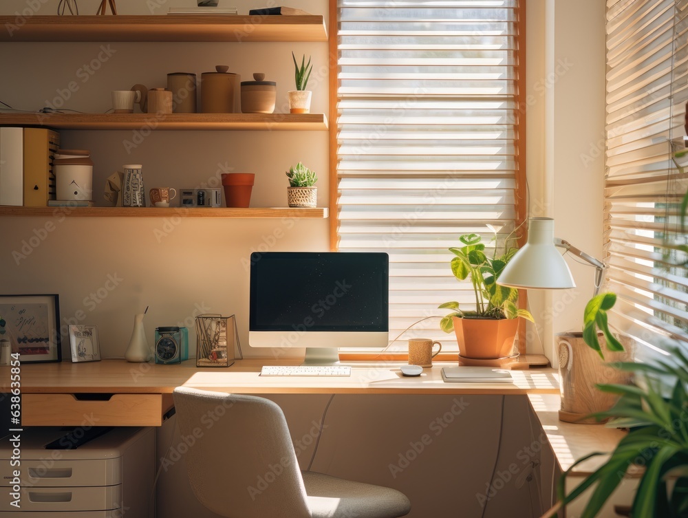 Aufkleber a desk with a computer and a potted plant. generative ai.