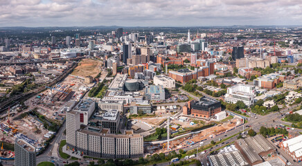 Aerial view of a Birmingham cityscape skyline with HS2 construction site