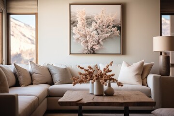 A living room filled with furniture and a painting. Generative AI.