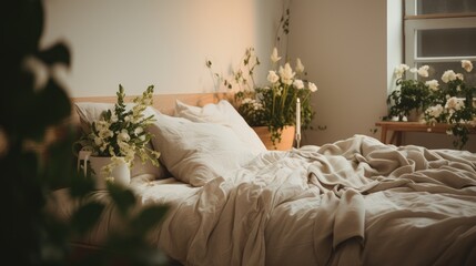 A bed with a white comforter and some white flowers. Generative AI.