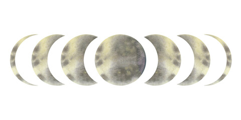 Watercolor Moon stages hand drawn isolated on white illustration. Moon phases, waning or waxing crescent moon. Lunar eclipse in stages from full to thin.